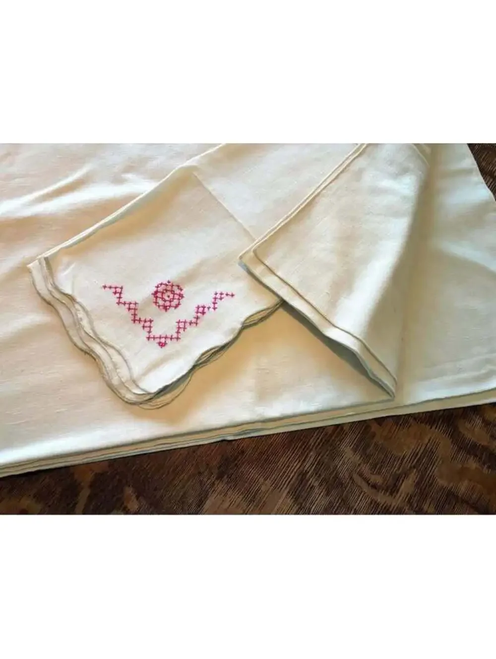 Vintage Linen Tablecloth and Napkin Set with Pink Cross-Stitch